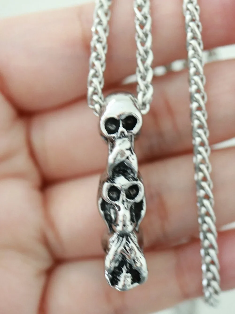 3 Skull Head Style Pendant Necklace Silver Stainless Steel